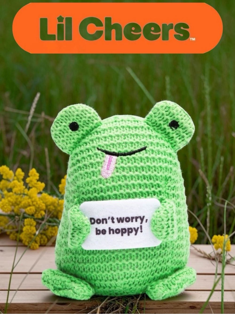 Green Crochet Frog Plush - 'Don't Worry, Be Hoppy!'